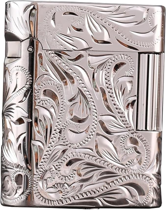 Encendedor de gas butano con flores talladas en bronce, llama suave ajustable, color plateado