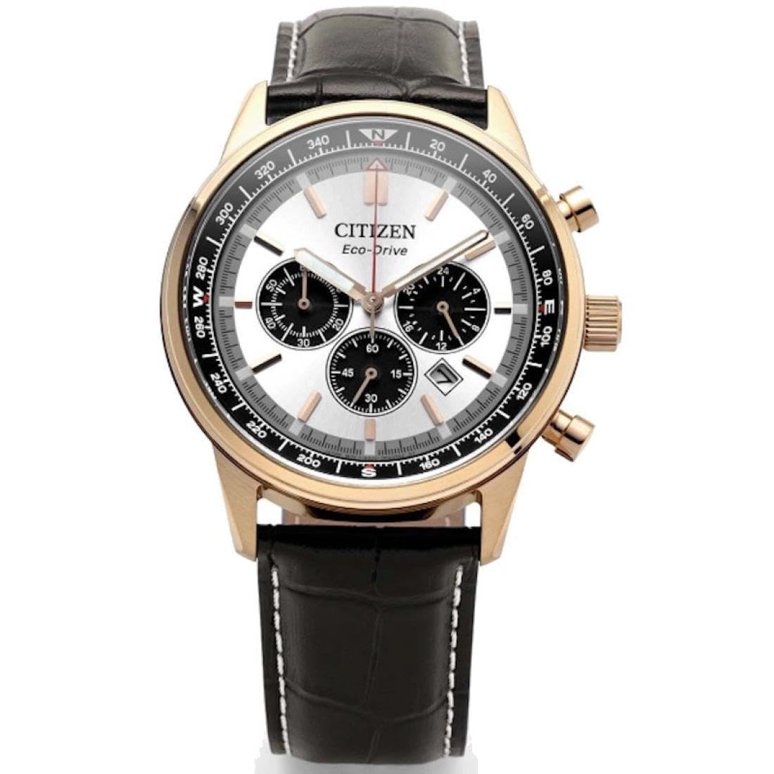 Citizen CA4723-03A Eco-Drive Cronografo Solare da Uomo in Acciaio Inox Oro Rosa 42 mm Cinturino in Pelle Nero 10 ATM