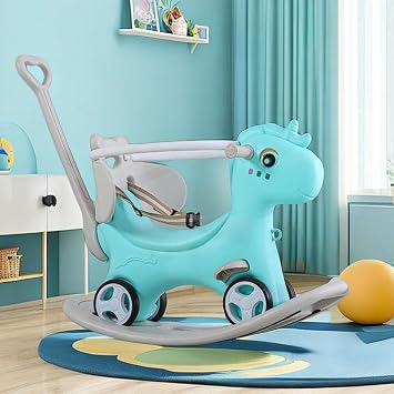 Rocking Horse for Toddlers 1-3 Years,4 in 1 Design, Kids Ride on Toy Balance Bike Push Cart with Detachable Balance Board,Fun Birthday Gift-Blue