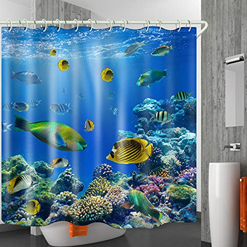 Image of LYFANS Waterproof Polyester Fabric Shower Curtains, Seaworld Print Large Width Partition Curtain, Bathtub Shower Curtain Liner, 12 White Hooks (72x72 inches)
