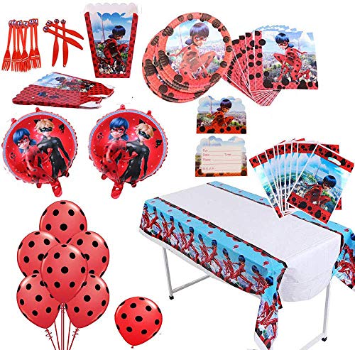 97 Pack Ladybug Theme Party Supplies Tableware Set Ladybug Balloons Complete Birthday Party Decorations Supply Pack for Ladybug Theme Kids Party Celebration Party Supplies for 10 Children Kids
