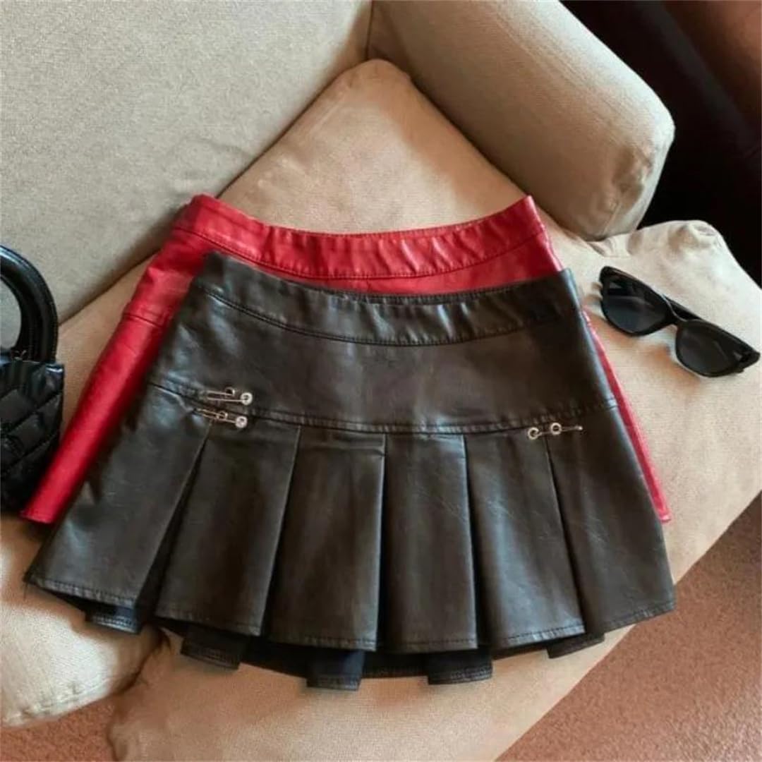 Kelsiop Falda plisada de piel sintética para mujer, corte ajustado, cintura alta, color rojo y negro