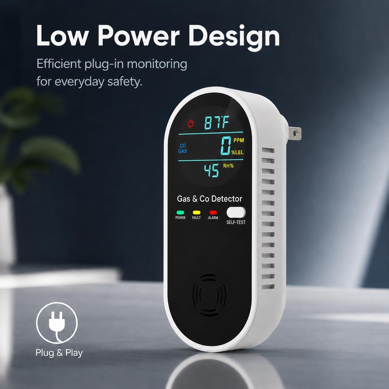 4-in-1 Carbon Monoxide Detector & Natural Gas Detectors with LED Display, Temperature, Humidity, Self-Test Button for Home,Kitchen,Hotel,Office (Black-1 Pack)
