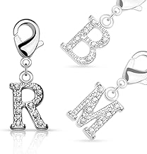 Bungsa® silver with crystal letter pendant, small letter charms for bracelet, necklace or earrings for women, children and men - A B C D E F G H I J K L M N O P R S T U V W Z