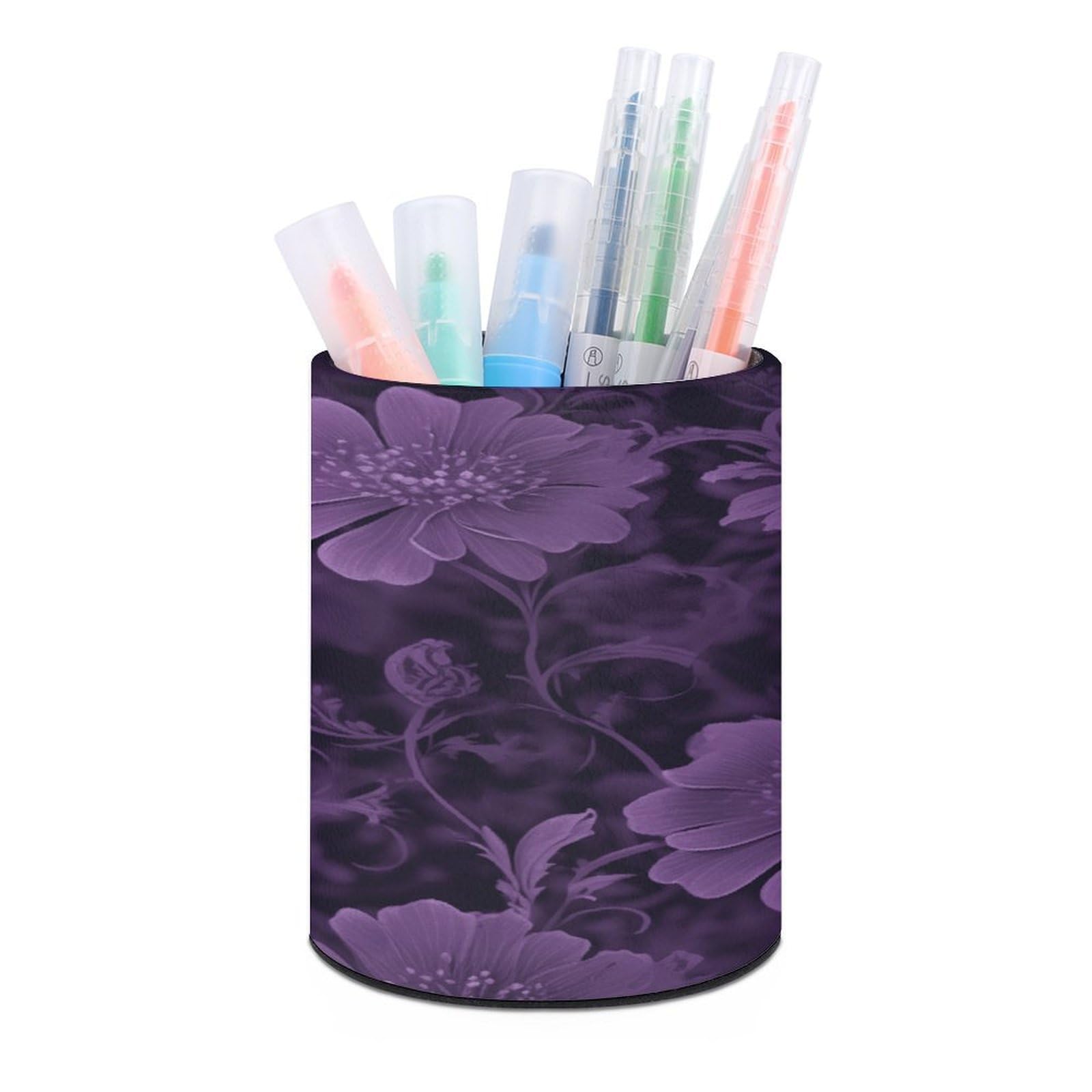 VstaDank Purple Pen Holder PU Leather Pencil Cup Minimalist Desk Pencil Holder Round Make Up Brush Organizers For Office Dorm Room&Vanity Desk Accessories