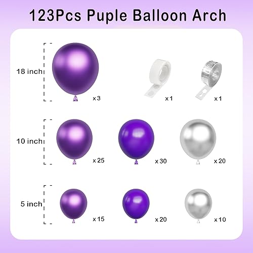 Miniatura 2 de Kit de guirnalda de arco de globos de color morado oscuro, 123 globos plateados metálicos morados para cumpleaños, aniversario, Año Nuevo, baby