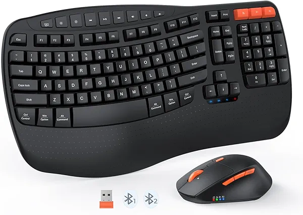 MEETION Wave Ergonomic Keyboard and Mouse Wireless, USB/Bluetooth Wave Ergo Keyboard with Wrist Rest, 4 DPI Adjustable Swing Wheel Silent Wireless Mouse Rechargeable for Windows/Mac/Android Director-D