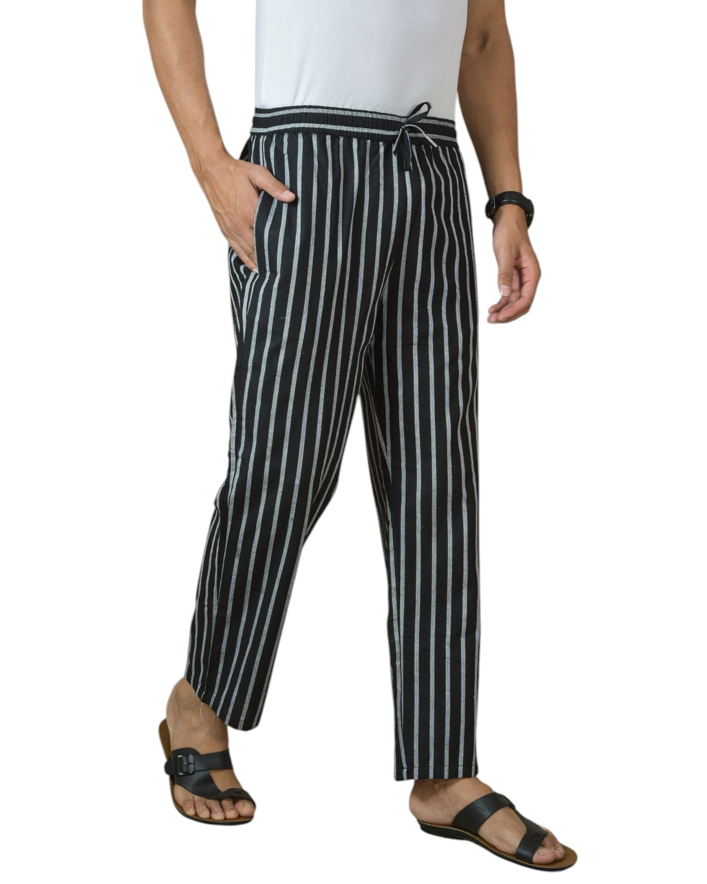 qashida Mens Cotton Handloom Pants, Stripe Print, Full Length, Stylish with 2 Side Cross Pockets, Purple White Stripe-picture-46