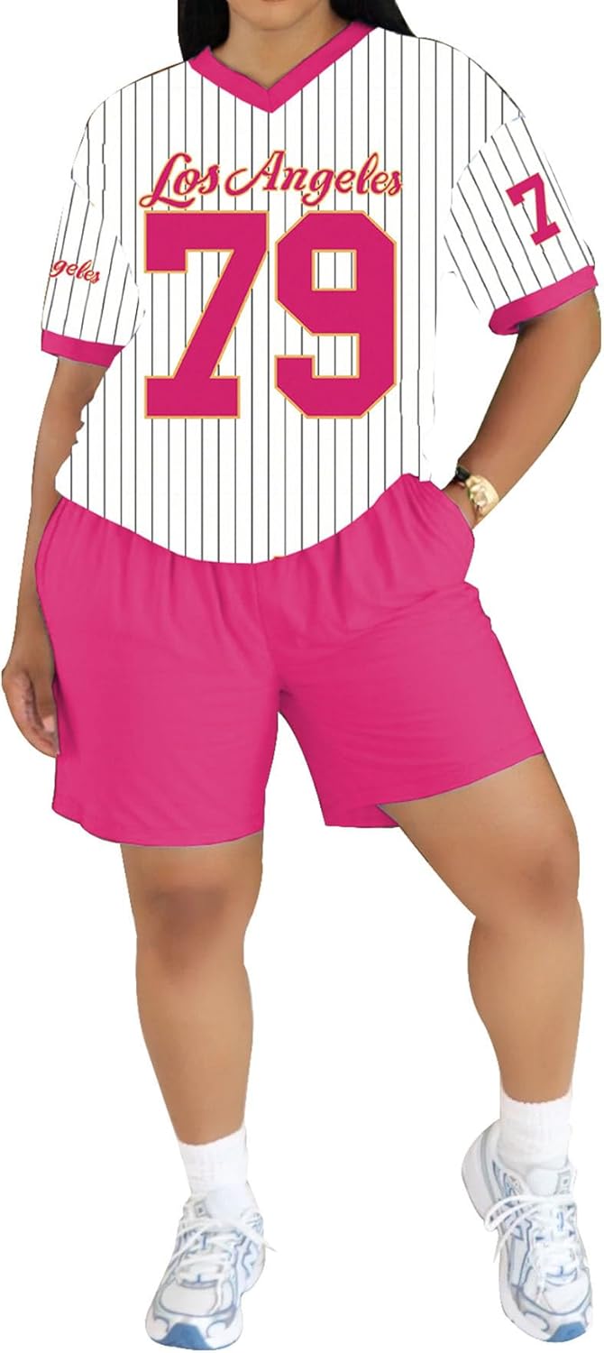 PINSV 2 Piece Sets for Women Summer Casual Outfits Jersey Shirts and High Waisted Short Sets