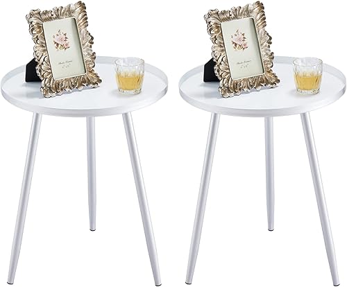 Apicizon Juego de 2 mesas auxiliares redondas de 16 pulgadas, mesa auxiliar de metal plateado para sala de estar, mesita de noche, mesa de centro