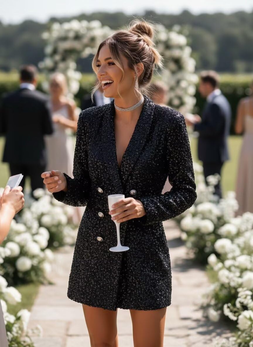 Sequin Blazer Dress for Women Sexy Elegant V Neck Bridesmaid Blazer Dress Long Sleeves Sparkly Dresses for Prom