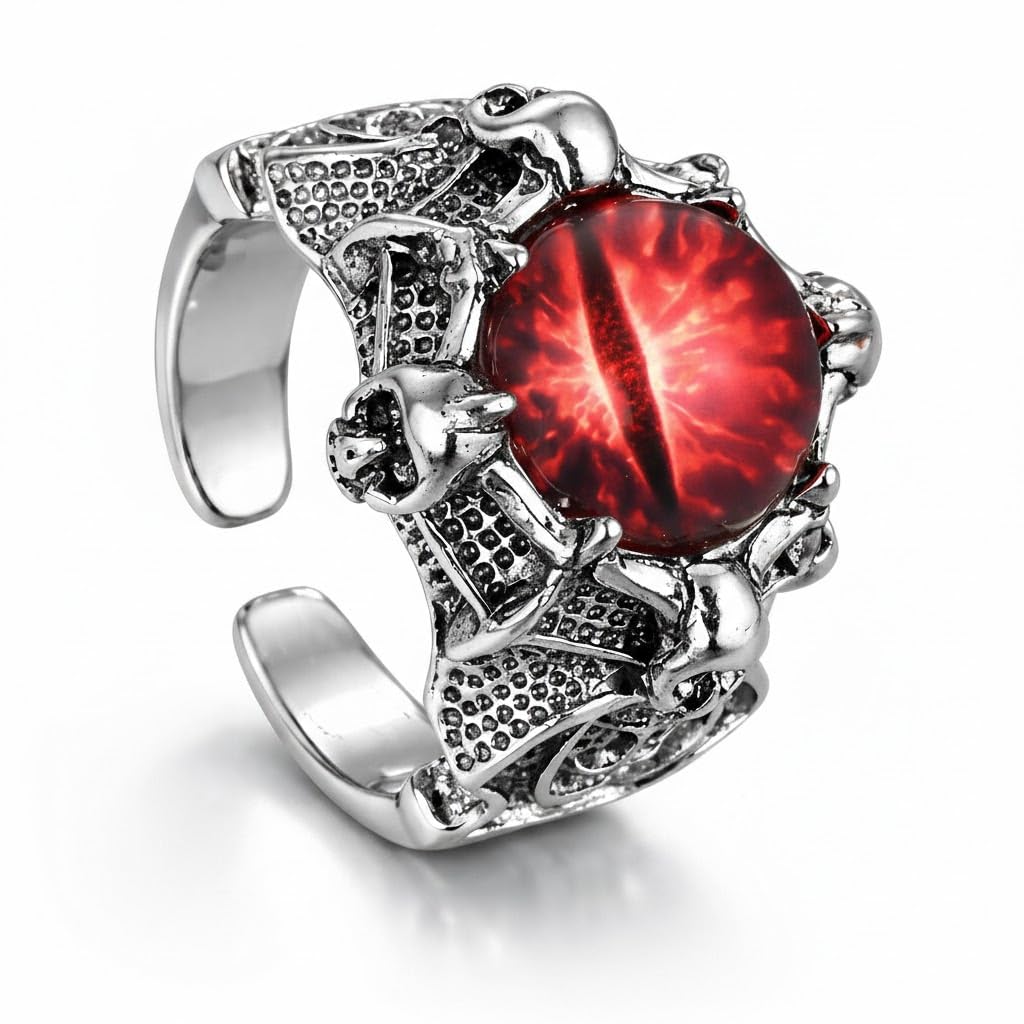 modeva "elevate your essence" Gothic Dragon Skull Ring with Red Evil Eye Stone, Adjustable Silver Finish Stainless Steel, Statement for Men and Women-picture-38