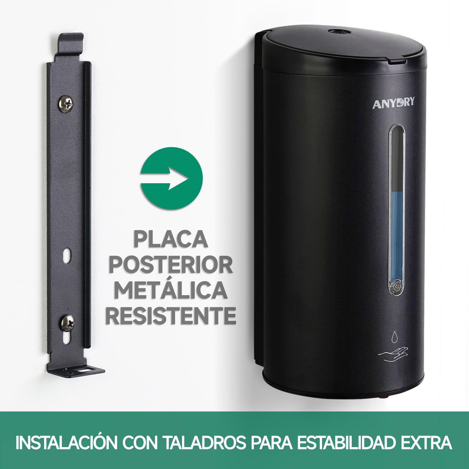anydry Dispensador de Jabón Automático de Pared Profesional 750 ml con Revestimiento Anti-Corrosión (Acero Inoxidable Negro Mate)