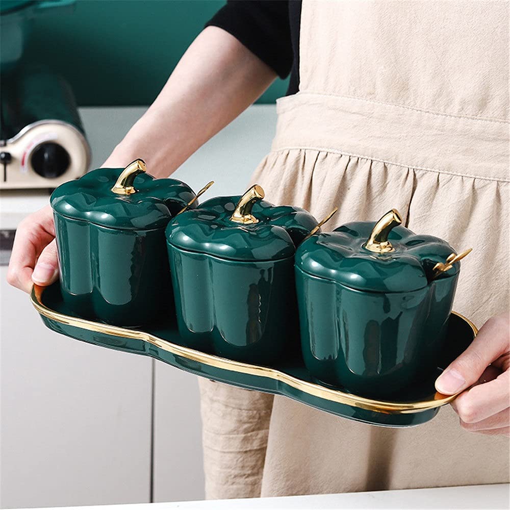 Bocaux à épices Boîte d'assaisonnement Sucrier Boîte d'assaisonnement Ensemble de stockage en céramique Bocal à épices nordique avec couvercle Pots à condiments Sel Poivre Récipient (Color : Green, Si