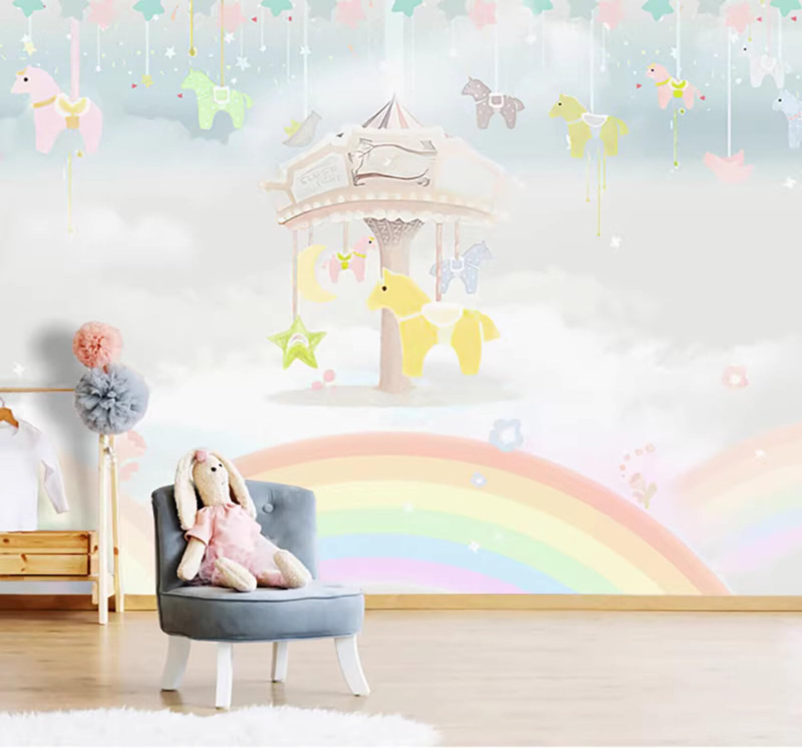 Beautiful Cartoon Pony Rainbow Amusement Park 3D Wallpaper Easy Install Feature Office Living Room Sofa Bedroom TV Background Wall Decoration-250cm×170cm