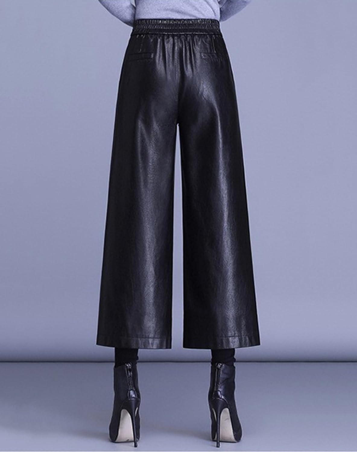 HaoMay Women's High Waist Wide Leg PU Faux Leather Cropped Pants Culottes - Image 2