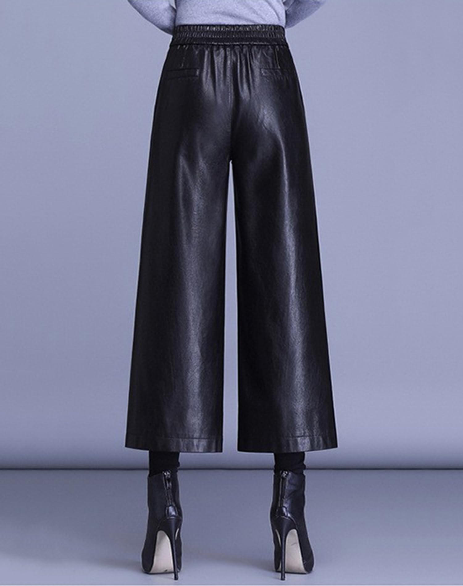 HaoMay Damen-Hosenhose, hohe Taille, weites Bein, PU-Kunstleder, kurze Hose