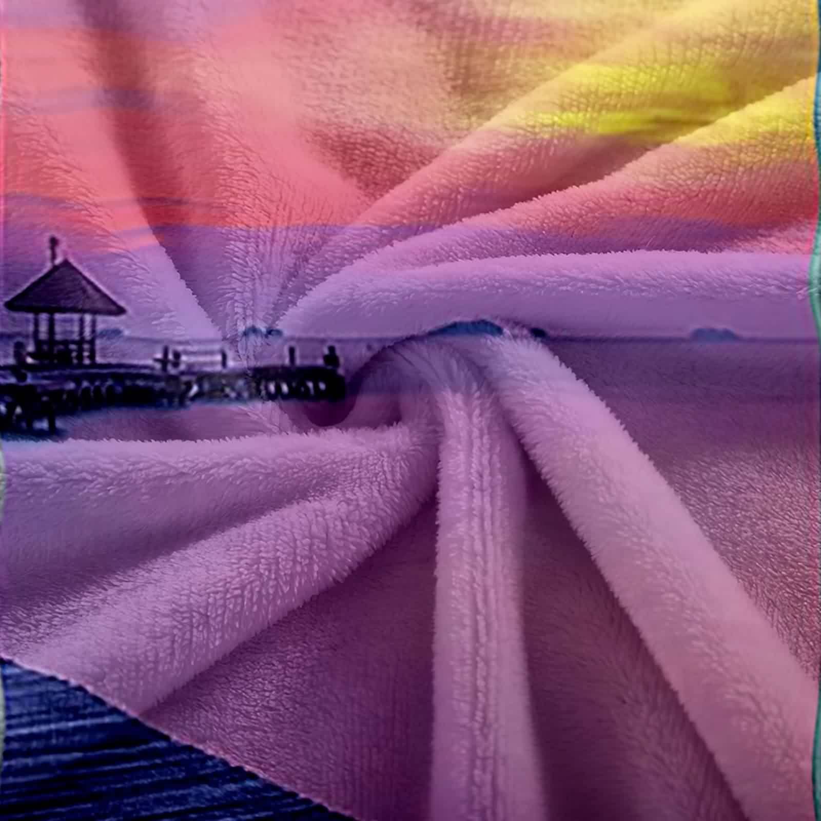 Coperta estetica, soffice coperta in flanella gialla viola tramonto lungomare 180 x 220 cm, per divano letto, ufficio, auto, morbida e calda
