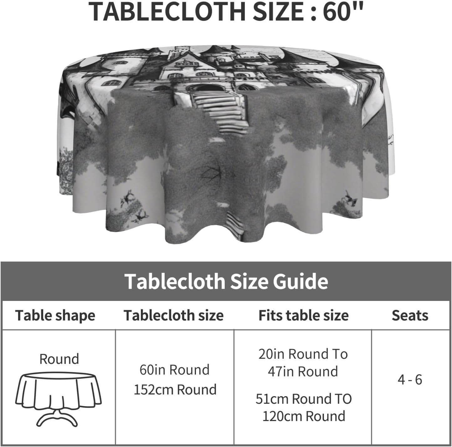 Gothic Fairy Tale castle04 Print Wrinkle Free Dining Table Cover for Birthday Party Farmhouse Tablecloths Up to 60 x 60 Inches