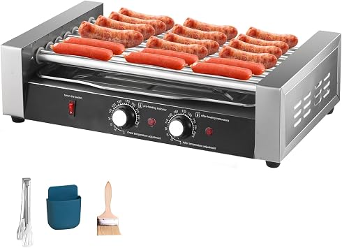 Hot Dog Roller, 1200w Electric Sausage Grill Cooker Double Temp Control, Sausage Roller with Detachable Drip Tray, 17 Hot Dogs Capacity 7 Rollers, Suitable for Business and Family