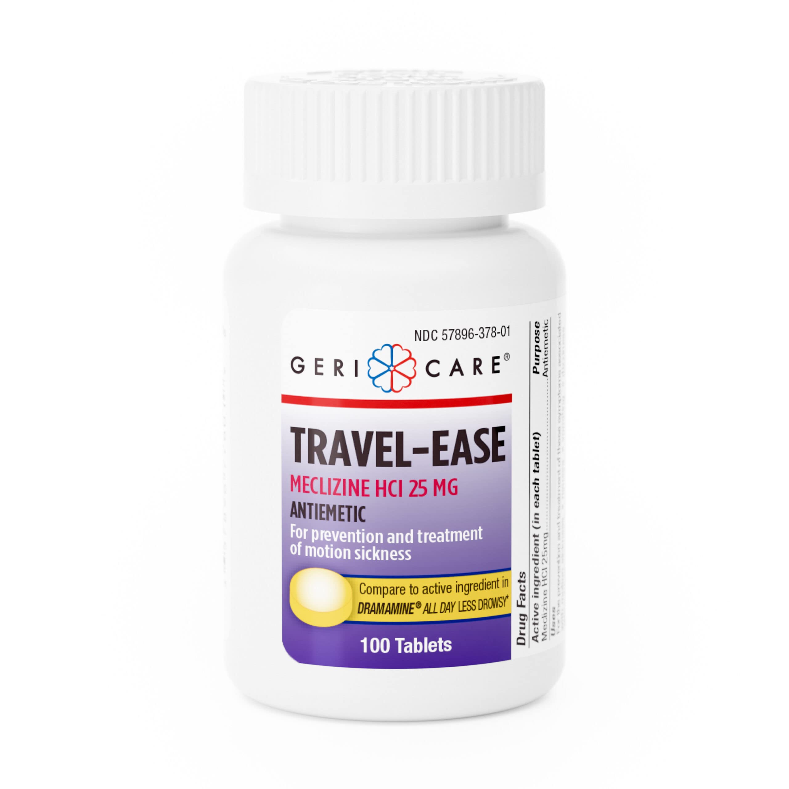 GeriCareMeclizine HCI 25mg Antiemetic Travel-Ease Tablets, Prevents and Treats Motion Sickness, Nausea Relief, 100 Count (Pack of 1)