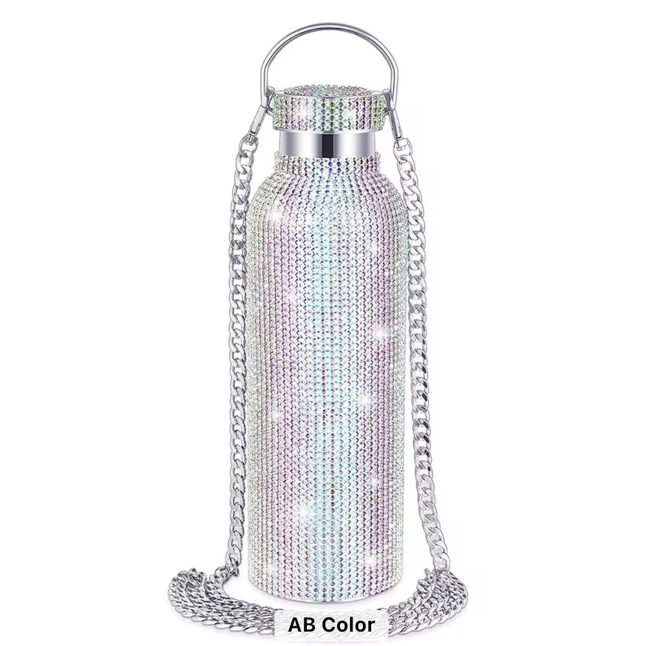 Luxury Rhinestone Water Bottle, Large 750ml, iridescent silver Crystal with elegant Chain Strap