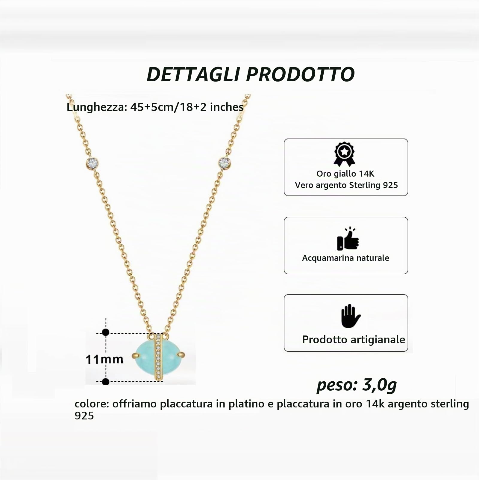 Collana Pendente Donna Argento 925 Pietre Dure Forma Ovale con Acquamarina Naturale Regalo