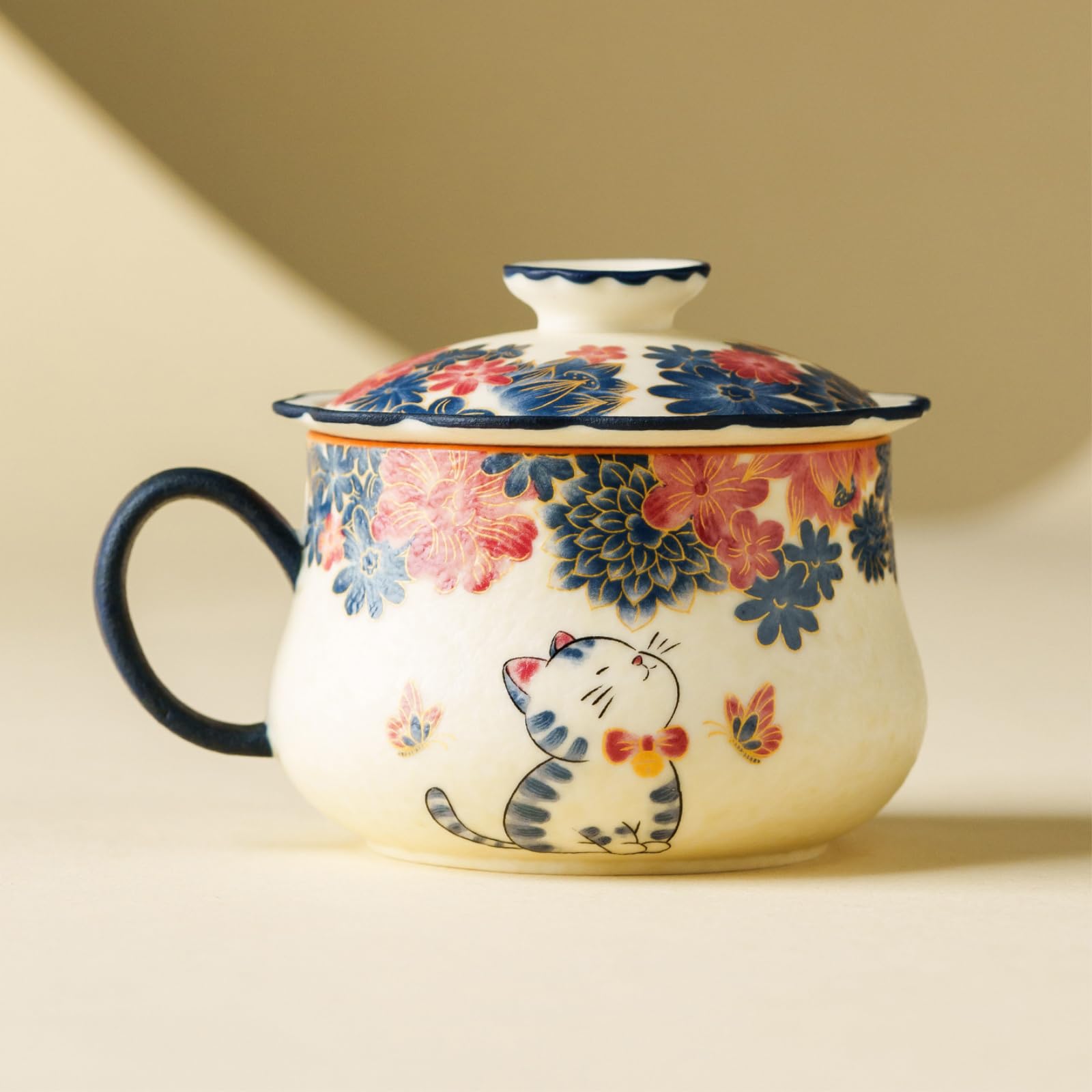 190 ml/6,5 uncji uroczy kot ceramiczny kubek kwiatowy z pokrywką chińska filiżanka do kawy herbaty [pudełko] -190 ml