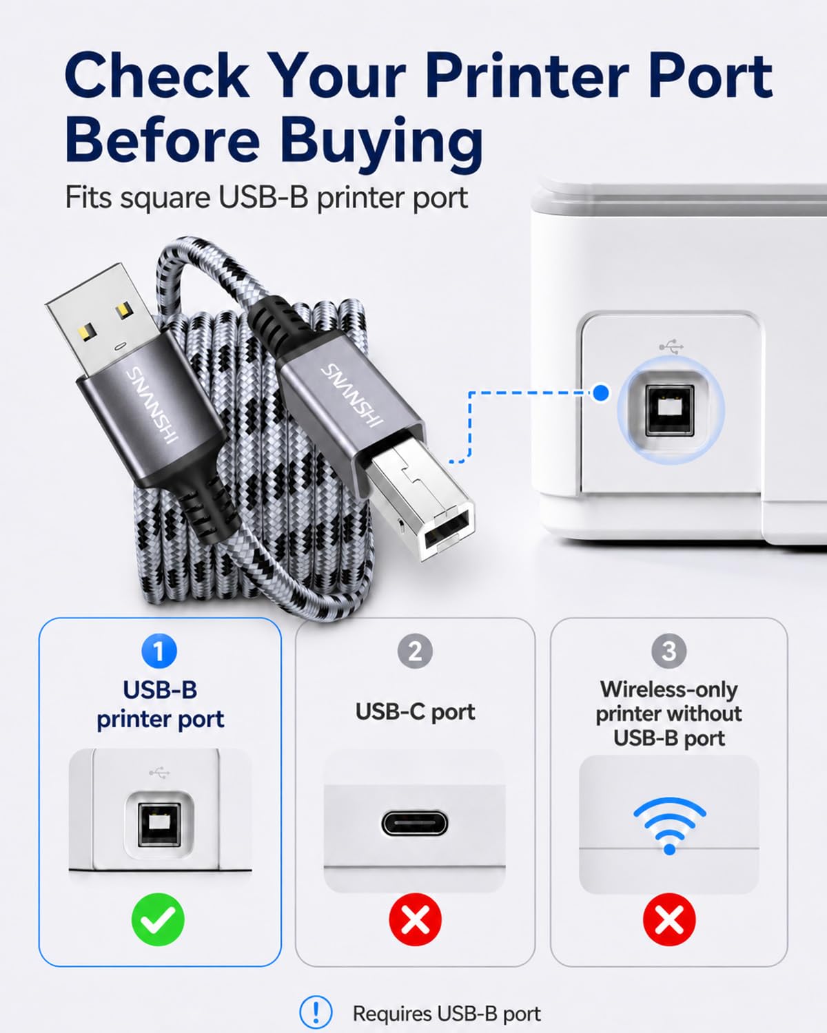 SNANSHI Cavo USB per stampante, 1,8 m, in nylon intrecciato ad alta velocità, USB 2.0 tipo A maschio a B maschio, cavo per stampante HP, Canon, Brother, Epson, cavo MIDI per interfaccia audio