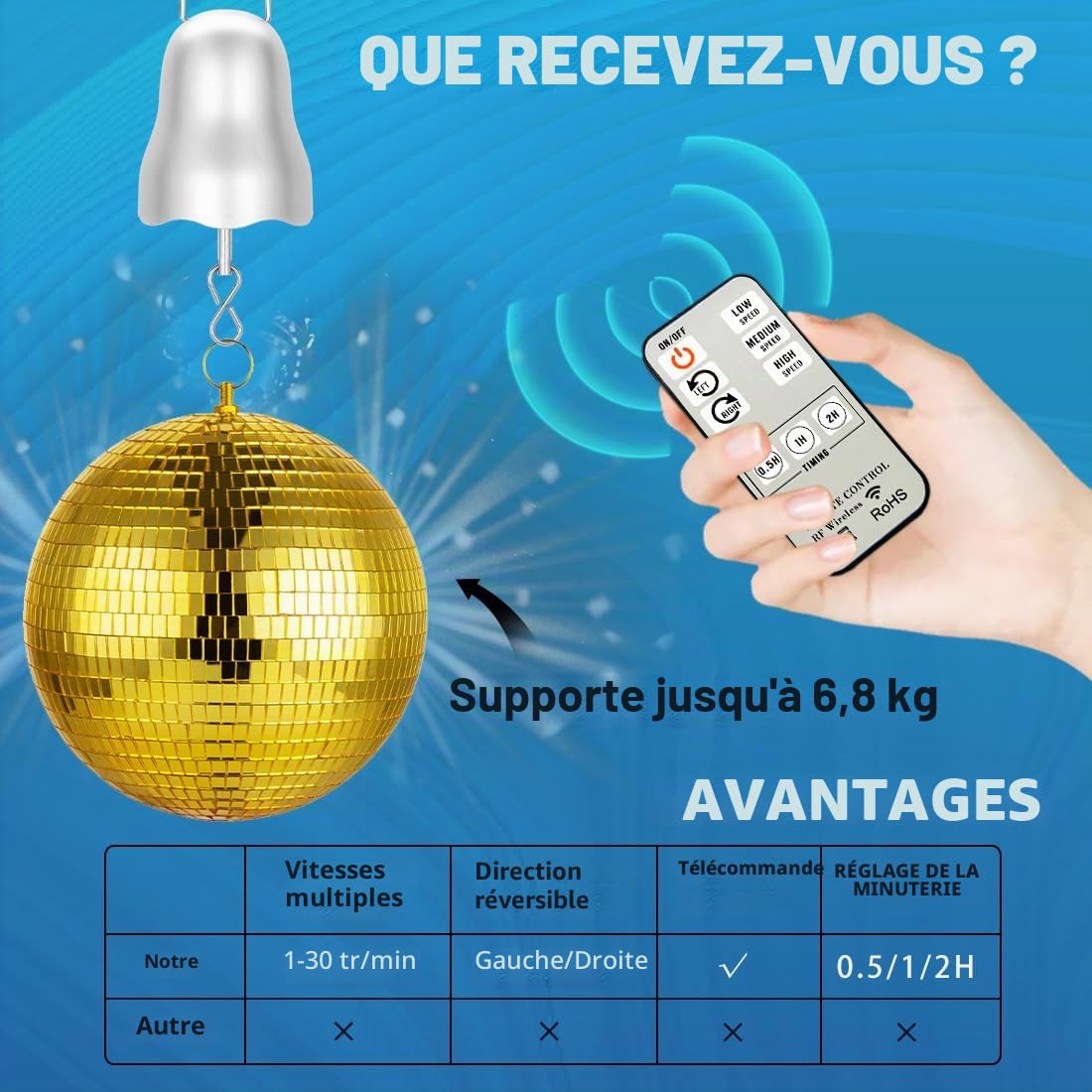 Moteur à vent alimenté par batterie, moteur à boule disco lente de 1 à 30 tr/min, avec télécommande, 3 modes de vitesse de rotation, boule miroir, carillon éolien