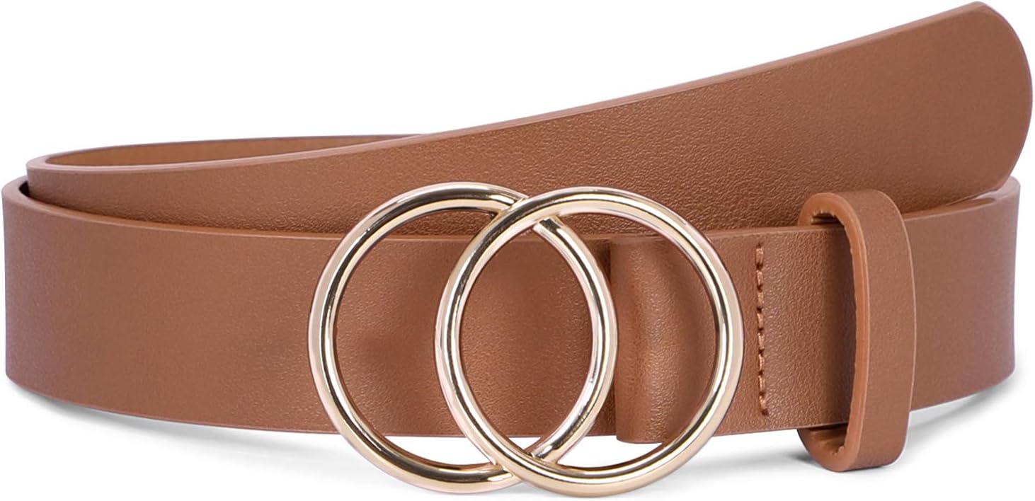 SUOSDEYWomen Leather Belt Fashion Double O-Ring Soft Faux Leather Waist Belts For Jeans Dress