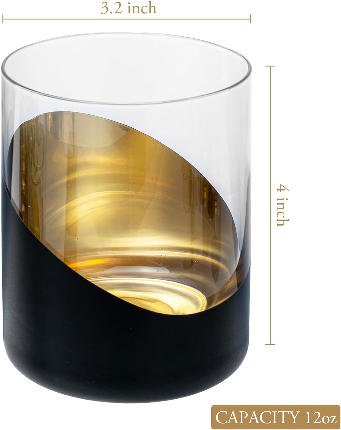 MyGift 12 oz Modern Cocktail Glasses with Slanted Matte Black and Gold Tone Plated Design, Angled Dipped Design Double Old Fashioned Lowball Whiskey Rocks Drinking Glass, Set of 6 - Image 6