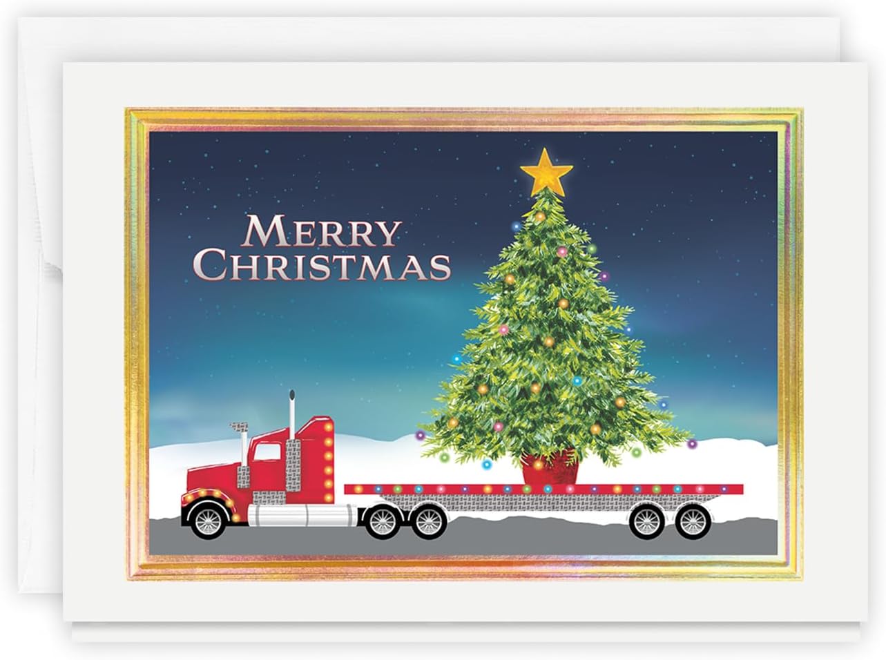 The Gallery Collection, 25 Count Card Pack, Business Christmas Cards with Foil Lined Envelopes (Merry Christmas Hauling the Tree), For Trucking Industry