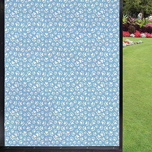 Paw Print Window Film Privacy,Animal Themed Pattern With Pet Foot Marks On Blue Toned Background Print Removable Glass Sticker For Bathroom Kitchen Room Office,Sky Blue And White 24X36 Inch #TOP27