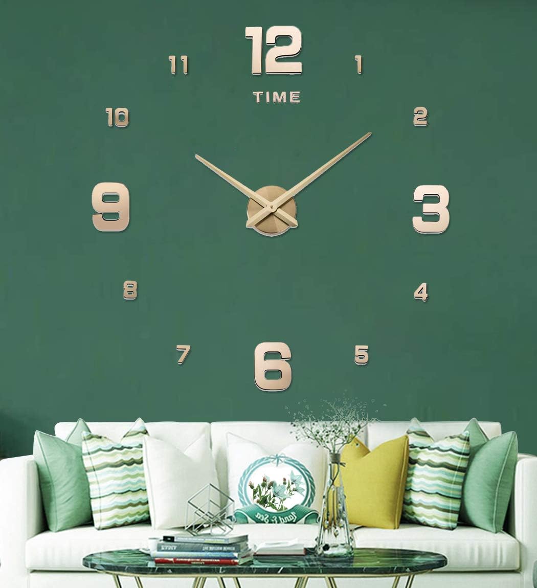 3D Frameless DIY Wall Clock, Large Wall Clock Kit 3D Mirror Number Stickers Mute Clock Modern Design for Home Living Room Bedroom Office Decoration-Gold 005