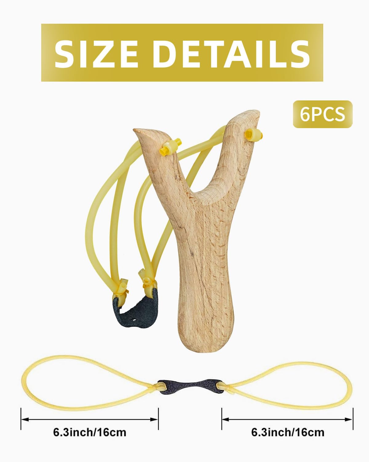 Slingshot - Banda elástica de repuesto, 6 unidades, amarillo látex, 16 cm, para hondas, caza y deportes