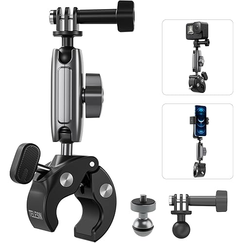 TELESIN Super Clamp Camera Mount with 360° Dual Ball Head, Bike/Bicycle/Motorcycle Handlebar Mount for GoPro Max Hero 13 12 11 10 9 8 7, DJI Osmo 360 Action 5 Pro 4 3, Insta 360 X4 X5 Ace Pro 2 AKASO