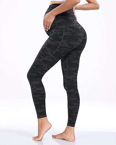Miniatura 35 de WHOUARE Leggings de maternidad sobre el vientre con bolsillos para mujer, cintura alta, entrenamiento, pantalones de yoga 1 Packs-negro,1