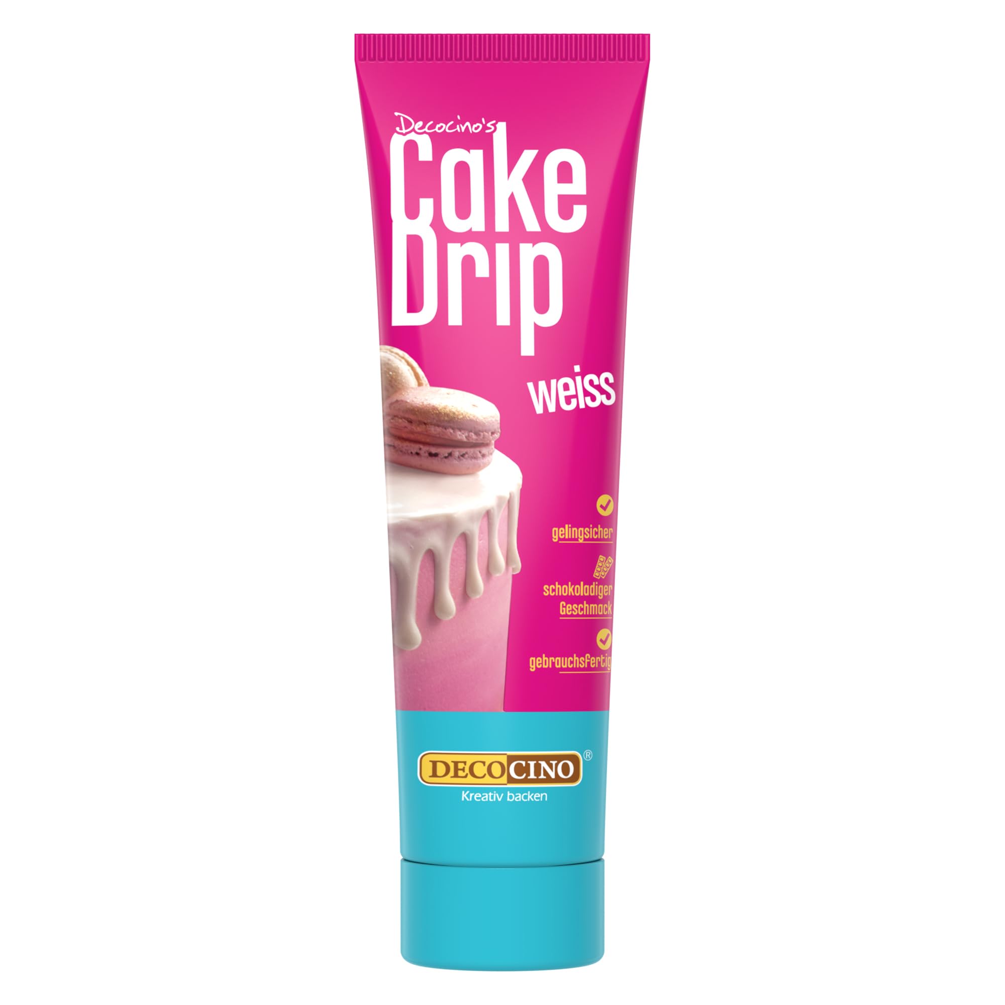 DECOCINO Cake Drip Weiss – schokoladiger Geschmack – direkt gebrauchsfertig – Backdeko für Torten, Kuchen, Muffins, Cupcakes, Cake Melts
