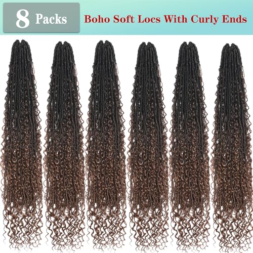 Boho Faux Locs Crochet Hair 30 Inch Goddess Locs 8 Packs Boho Soft Locs Crochet Hair with Curly Ends Pre-looped Long Bohemian River for Black Women (OT1B/4/30# - Image 3