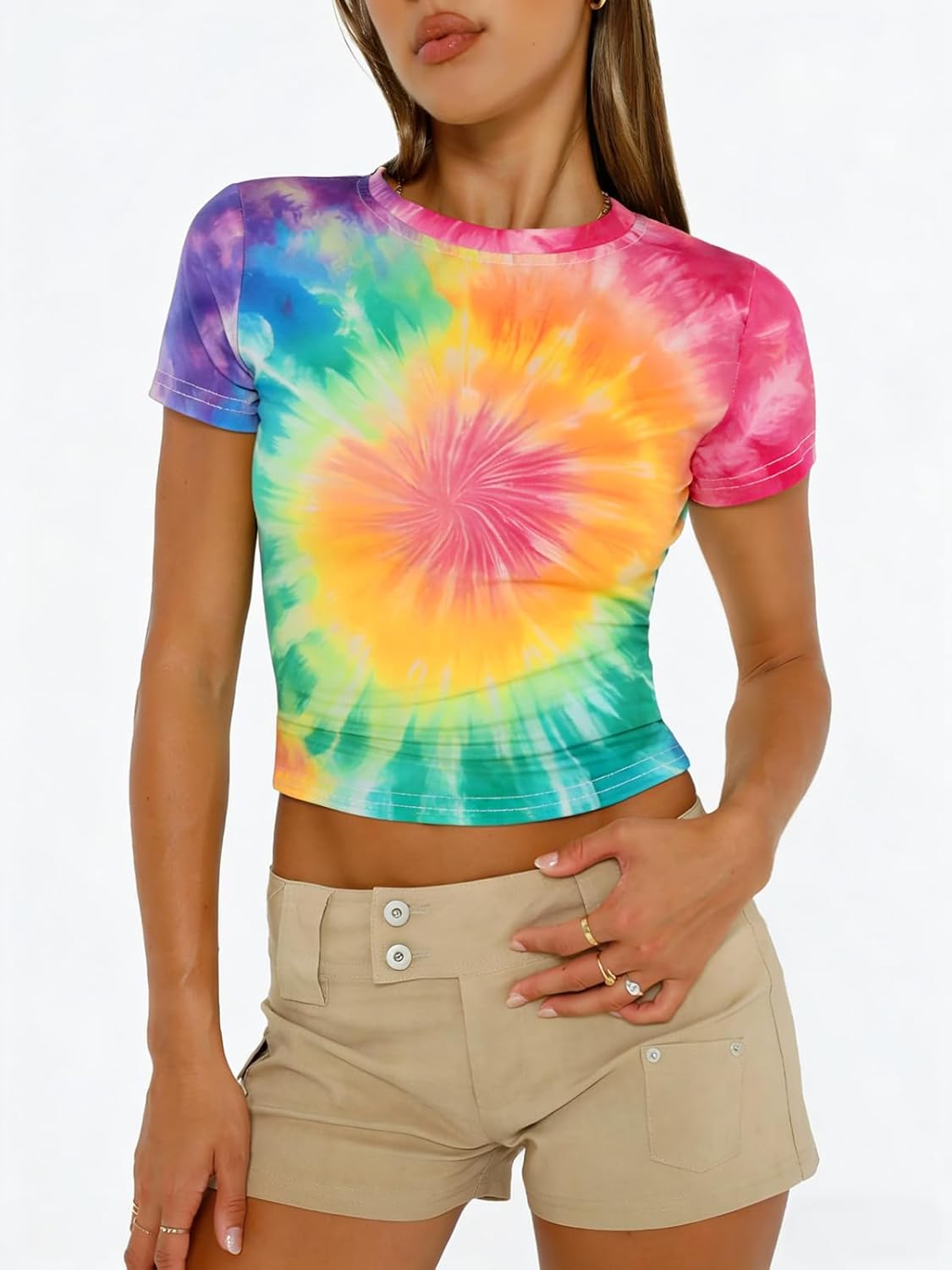Tie Dye Crop Tops for Women Girls Hippie 60s 70s Short Sleeve Tie-Dye Cropped T Shirt - Image 2