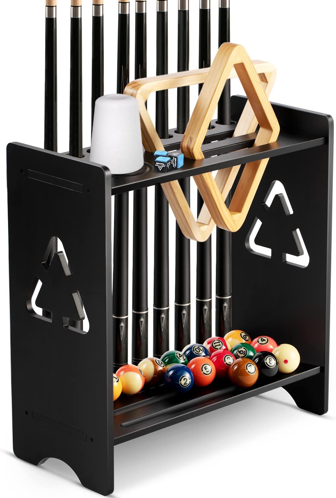 Pool Stick Holder Floor Stand, Billiards Pool Cue Rack Oak Solid Wooden Holds 9 Cues Full Set of Pool Balls and Pool Table Accessories Pool Cue Holder with Chalk Holder for Game Room Club or Men Cave