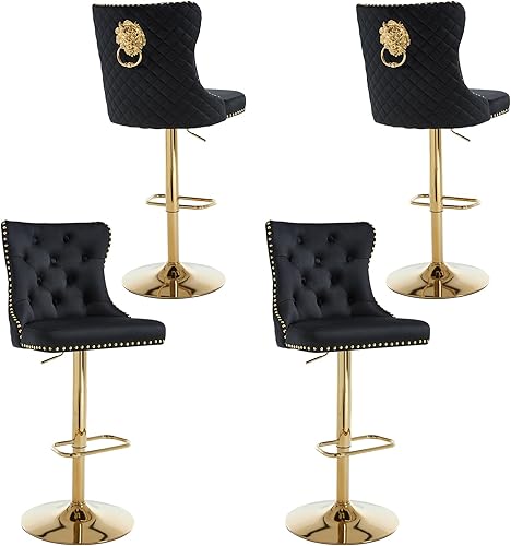 Miniatura 117 de Juego de 4 taburetes de bar giratorios ajustables de terciopelo con respaldo copetudo, ribete de cabezas de clavos y anillo de tracción, sillas de