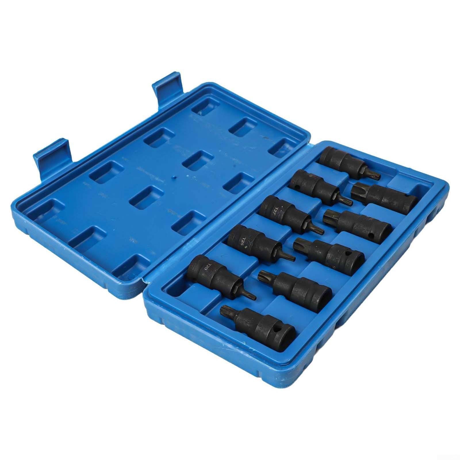 Vanadio T20t70 - Set di chiavi e chiavi a bussola in acciaio per attacco compatibile da 1/2" con adattatore Torx cromato, 10 pezzi