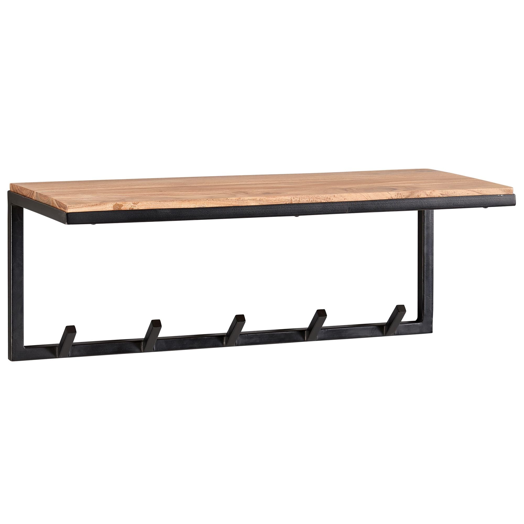 FineBuy Wieszak Ścienny 70x30x27 cm Akacja Masyw z Półką na Kapelusze | panel garderobiany industrialny z haczykami, półka na kapelusze i torby, listwa z haczykami z drewna z naturalną krawędzią