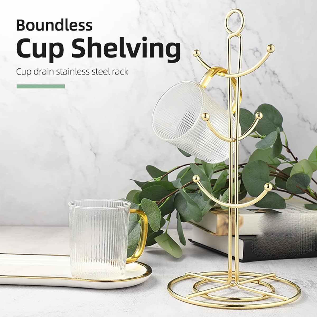 Metal Mug Tree Stand Rack with 6 Hooks, Mug Organizer Holder, Glass Cup Shelf, Home Coffee Cup Rack, for Counter Dining Room Bar