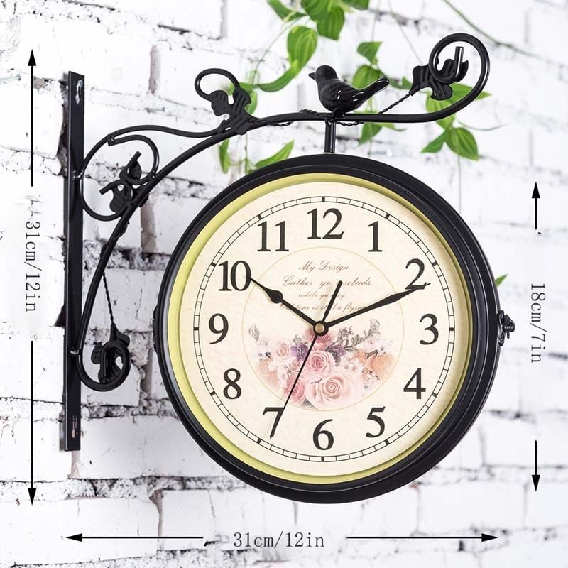 Miniatura 2 de Reloj de jardín de doble cara estilo estación reloj de pared con detalles de pájaros y hojas reloj de acero al aire libre (negro, 12.2 x 12.2 in)