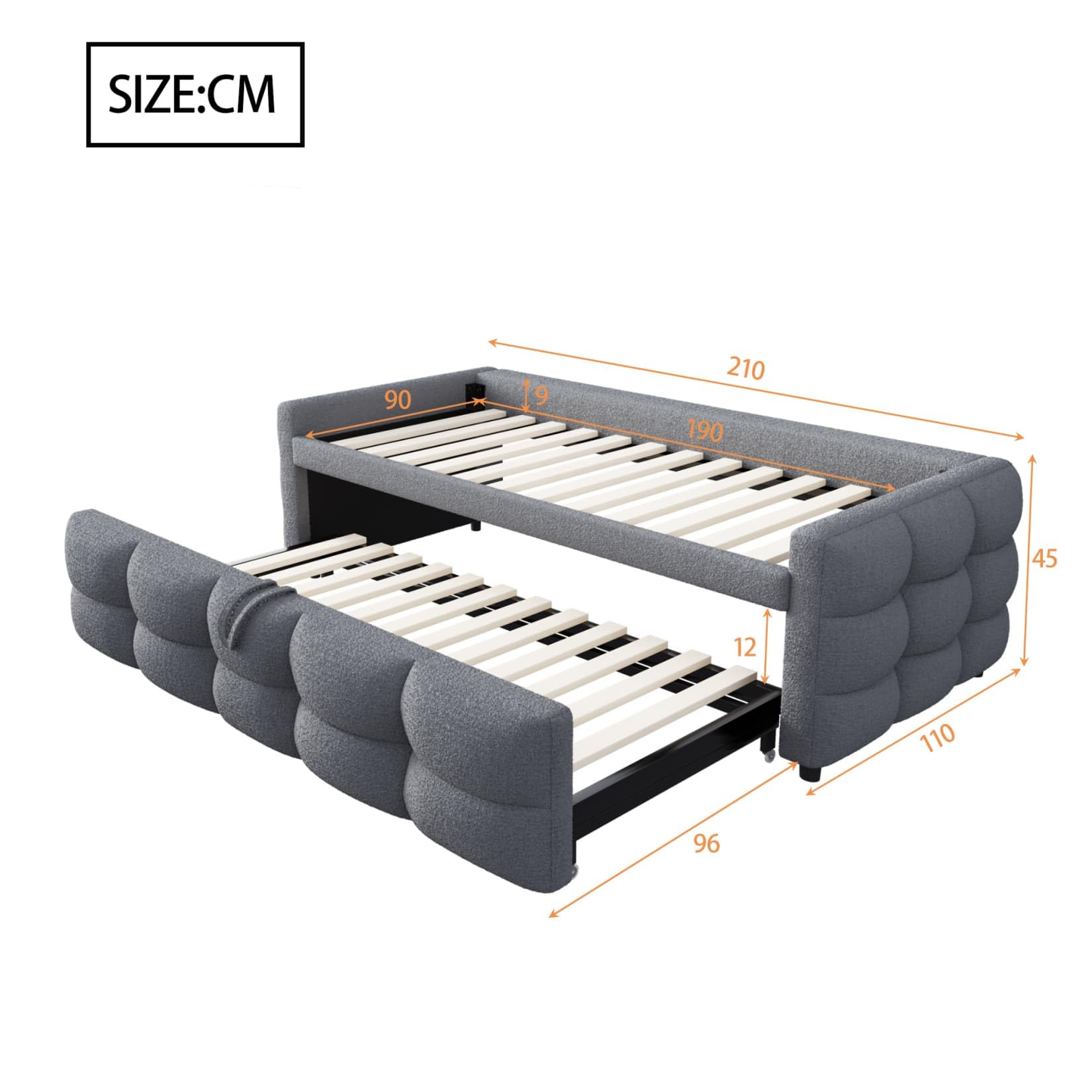 EURHCIO Canapé Lit 90/180x190cm Convertible,Cadre de Lit 2 Personnes Rembourré avec lit Gigogne 90x190,Sommier à Lattes Robuste, Tissu Teddy Confortable,pour Adolescents Adultes (A-Gris, 90/180x190)