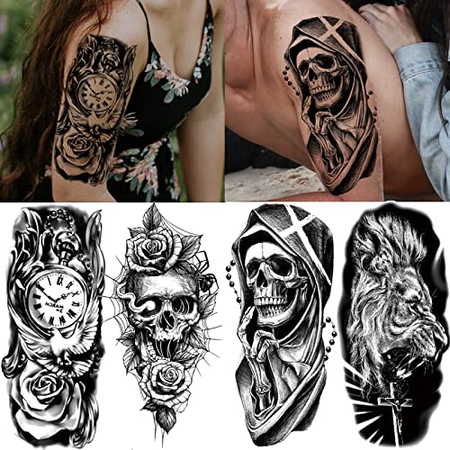 Briyhose 22 Sheets 3D Animal Realistic Temporary Tattoos For Men Women Half Arm Sleeve, Large Tribal Wolf Lion Tiger Fake Tattoo Stickers Adult Forearm, Black Halloween Skull Flower Rose Tatoo Anchor #TOP6