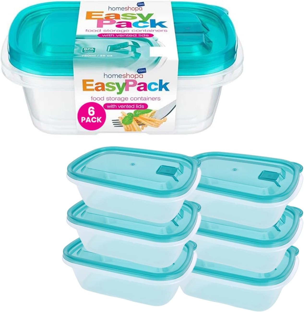 HOMESHOPA Plastic Food Storage Containers with Vented Lids, 6 Pack Leak Proof BPA Free Stackable, Microwave Freezer Dishwasher Safe, Reusable Airtight Meal Prep Lunch Boxes, 750Ml/25 Oz